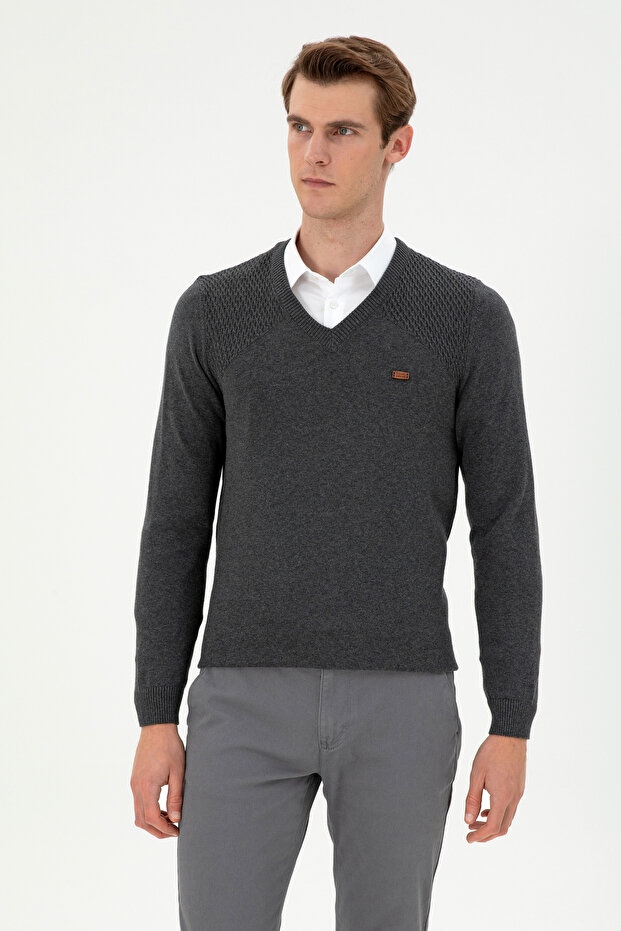 Men's Slim Fit V-Neck Anthracite Melange Sweater 50297063-Vr081