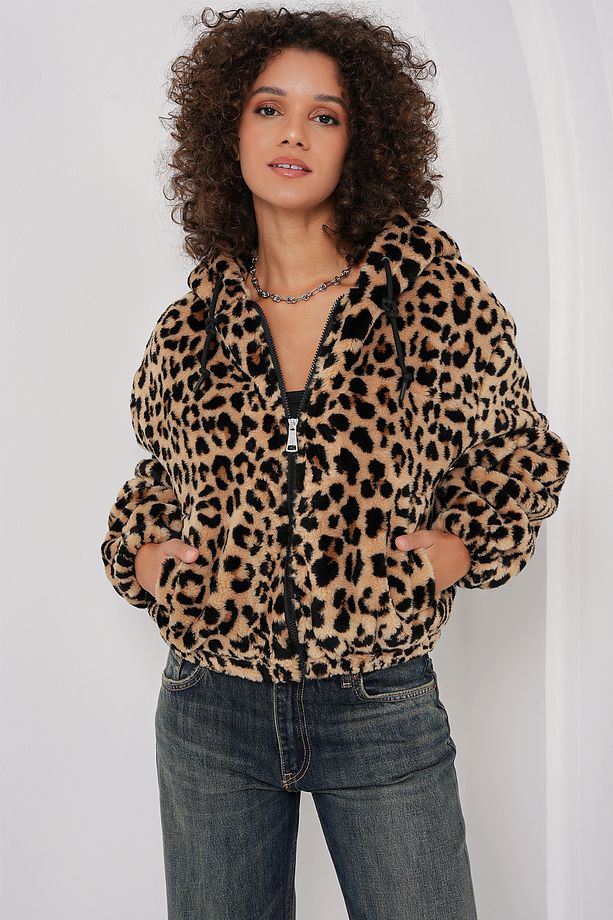 5193 Kapüşonlu Peluş Crop Ceket - C. Kahverengi - 5
