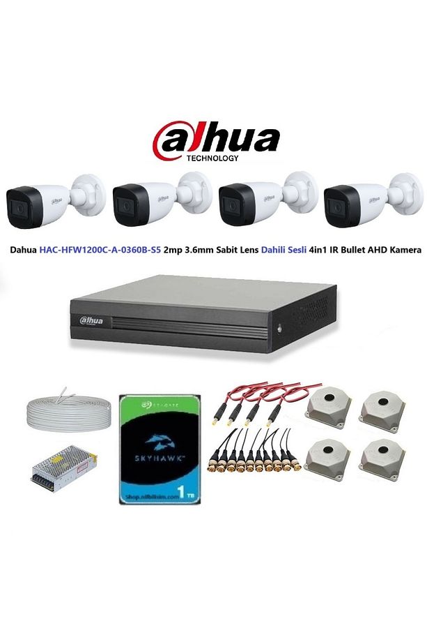 2mp 4 kameralı Dış Ortam Dahili Sesli Full Kamera Seti 1TB Disk HAC-HFW1200C-A-0360B - 1