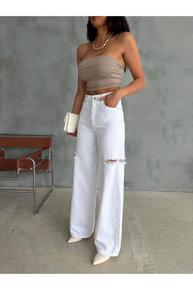 ZEO BASİC BEYAZ BAGGY PANTOLON DENİM KUMAŞ YANLARDAN LAZERLİ - 9