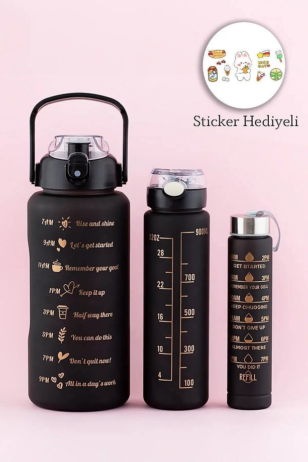 Motivasyonel 3lü Set Su Matarası Su Şişesi Suluk 2lt+900ml+500ml Tritan Spor Salonu Su Şişesi Suluk - 1