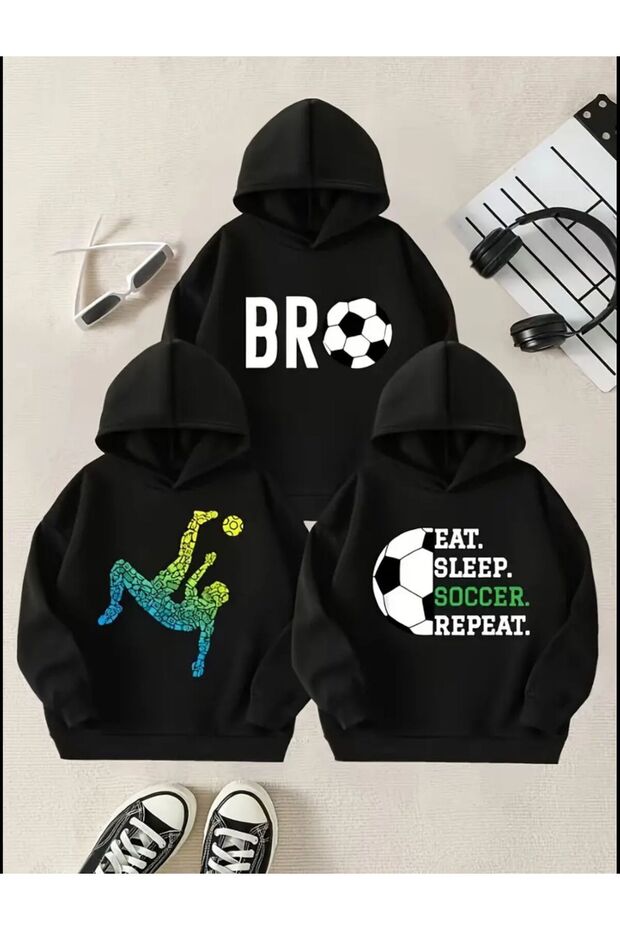 Boy's Black Hooded 3-Pack Football Player-Soccer-Bro Printed Sweatshirt