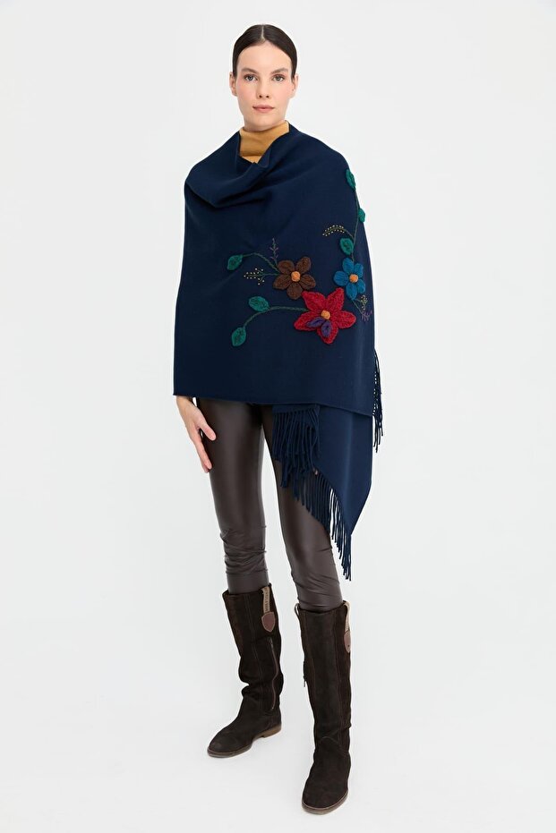 Women's Knitted Floral Embroidered Tassel Shawl Navy Blue