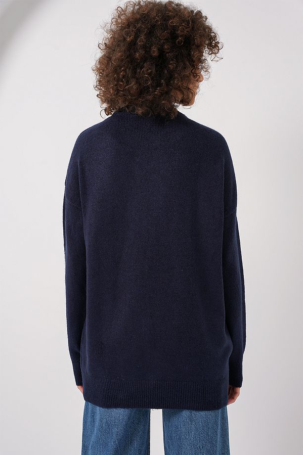 15895 Baklava Desenli Oversize Triko Kazak - Lacivert - 6