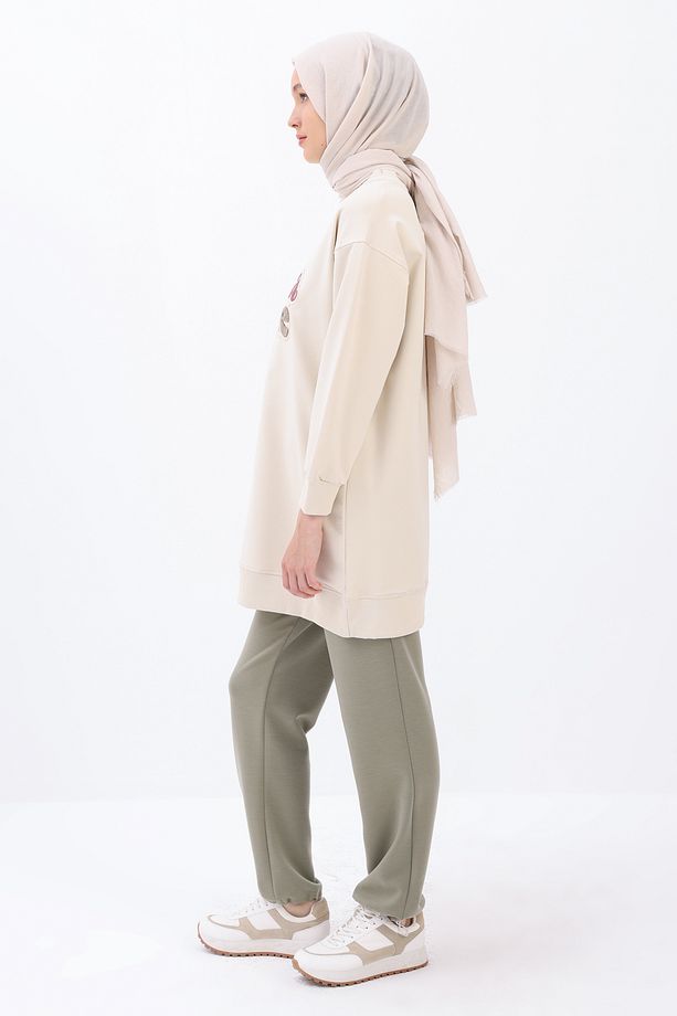 Ekru Aplike Nakışlı Sweat Tunik - 3