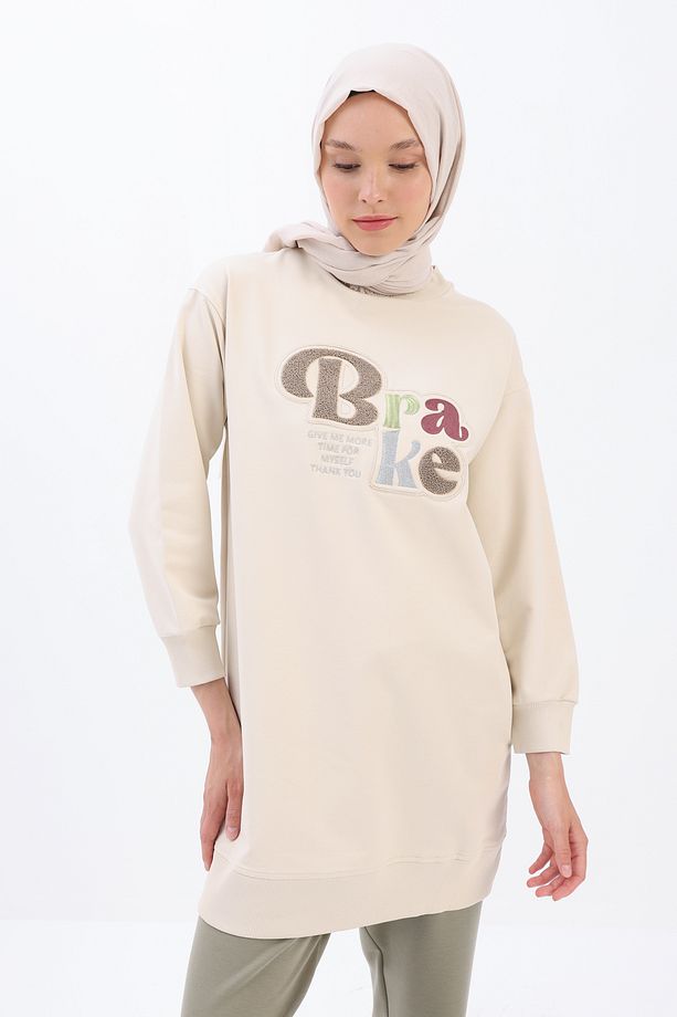 Ekru Aplike Nakışlı Sweat Tunik - 1