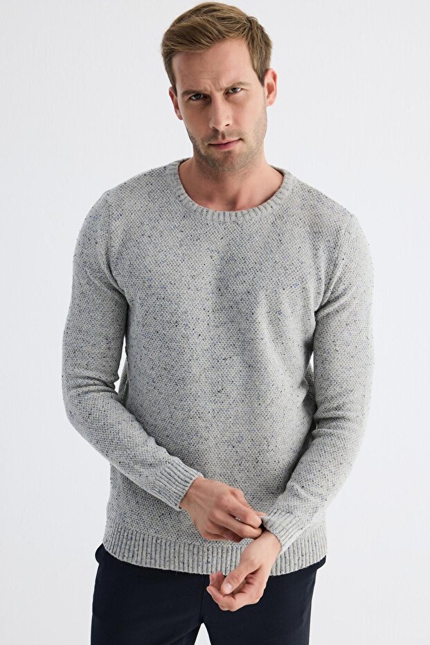 Men's Standard Fit Crew Neck Wool Knitwear Sweater Gray Melange