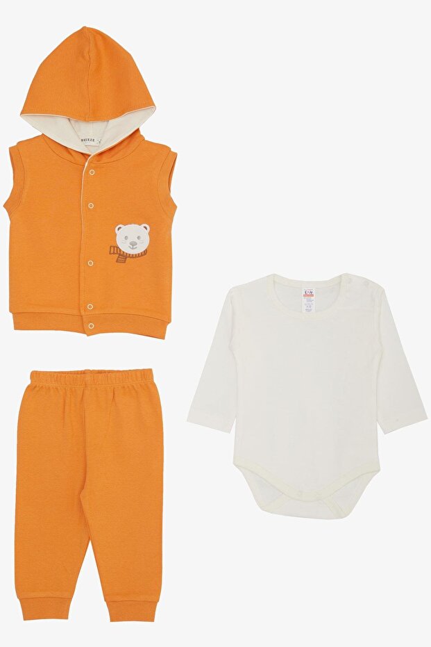 Baby Boy Bodysuit 3 Piece Set Cute Teddy Bear Embroidered Hooded 4 Months-1 Year Old, Orange