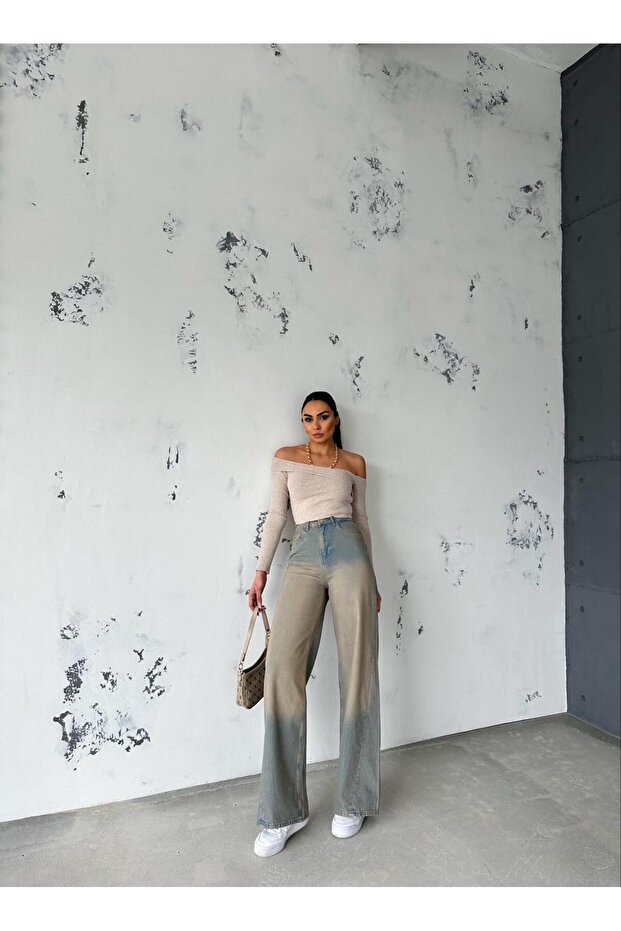 بنطلون ZEO BASIC من قماش الدنيم مع خياطة متقاطعة على الجانب باللون البيج - 6