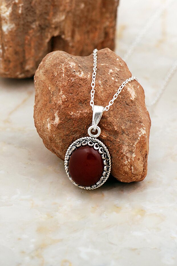 Akik Taşlı Telkari İşlemeli Gümüş Kolye 8032 - 1