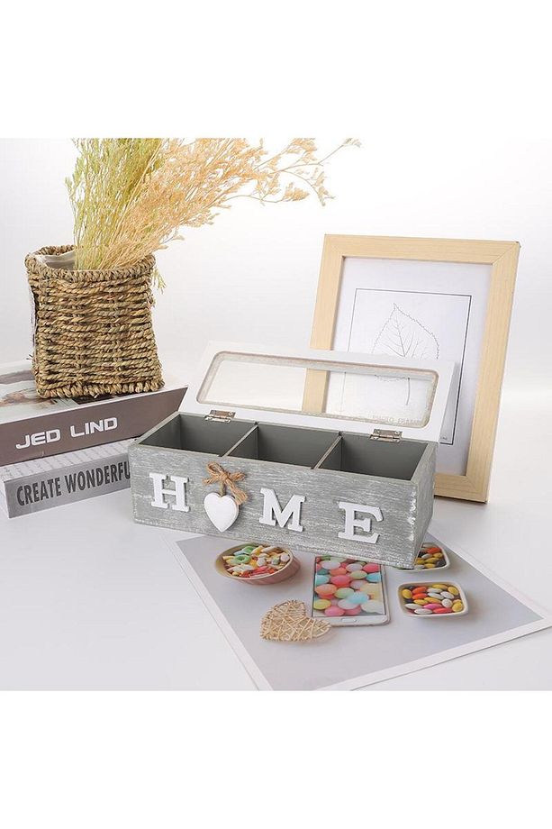 1 Adet 24x9x8cm Ahşap Kutu Organizer Home Yazılı 3 Gözlü - 1