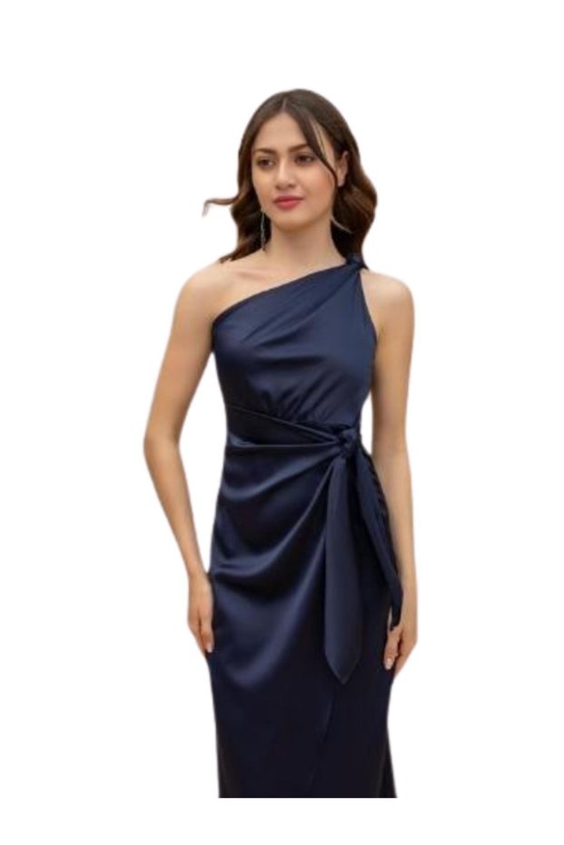 Satin Woven Off the Shoulder Knot and Sash Detailed A-Line Fit Evening Dress 03