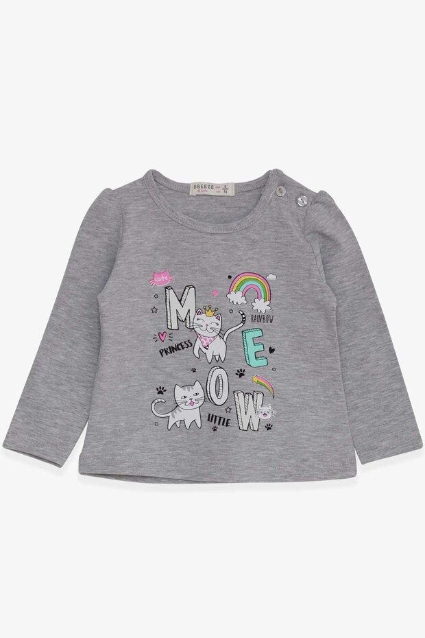 Baby Girl Long Sleeve T-Shirt Kitten Printed 9 Months-3 Years, Gray Melange