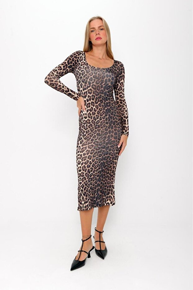 Leopard Patterned U Collar Slim Dress - 4