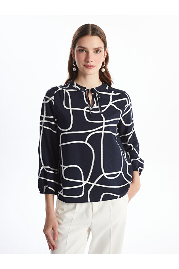 Lcw Lace-Up Collar Print Women's Blouse
