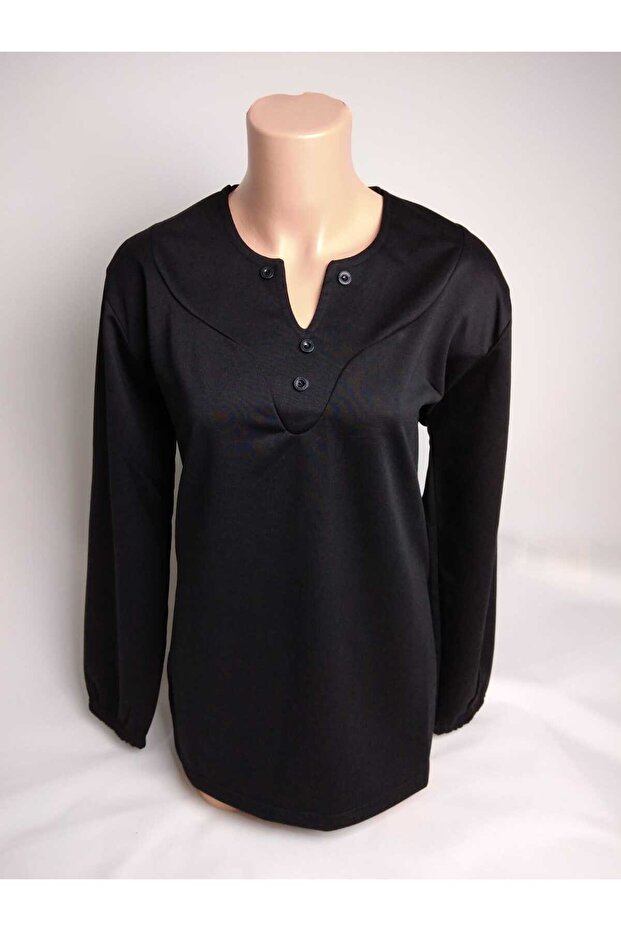 Women's Black Pear Collar Four Button Long Sleeve Ankle Elastic Slit Two Thread Blouse T-Shirt
