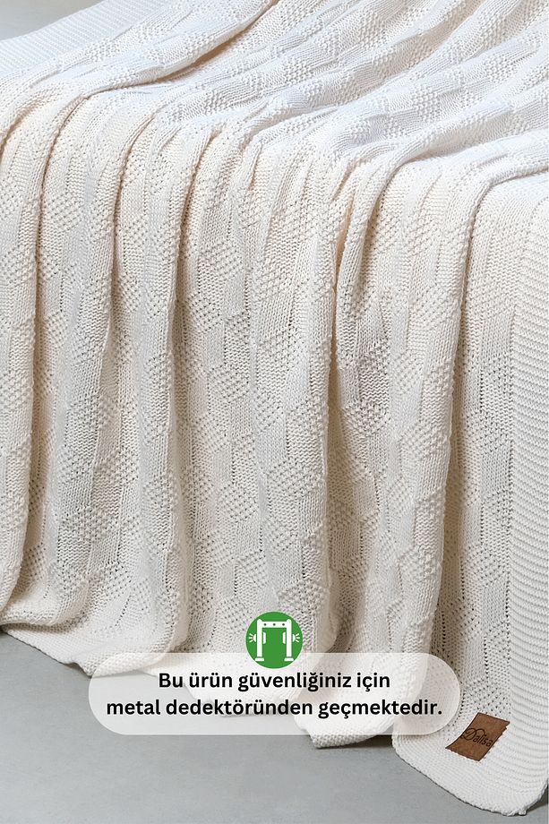 Cups Labirent Desen Triko Örme Koltuk Şalı Beyaz - 130x170 - 5