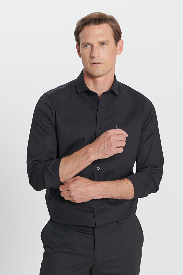 Erkek Siyah Slim Fit Dar Kesim Küçük İtalyan Yaka Armürlü Gömlek - 4