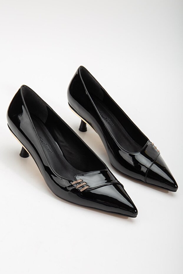 Large Size Patent Leather Black Women's Low Heeled Shoes with Stone Side Faces