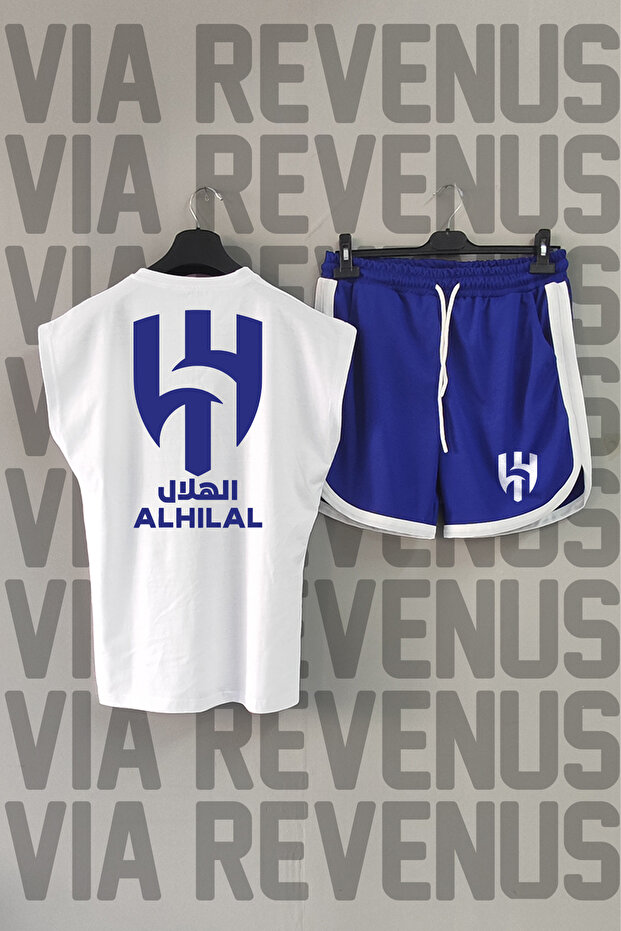 Al Crescent Front and Back Printed White Zero Sleeve Sports T-Shirt and Blue Shorts Sports Set