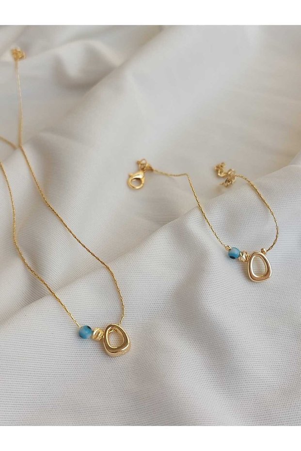 O Letter Evil Eye Bead Detailed Gold Non-Tarnish Coated Necklace & Bracelet Set