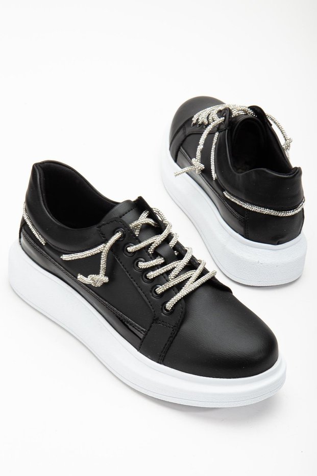 Balloon Sole Skin Patent Leather Stone Laced Black and White Women's Sports Shoes