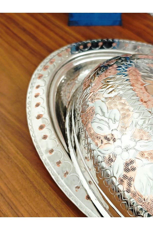 Bakır İşlemeli Kapaklı İskender Tabak 25 Cm - 4