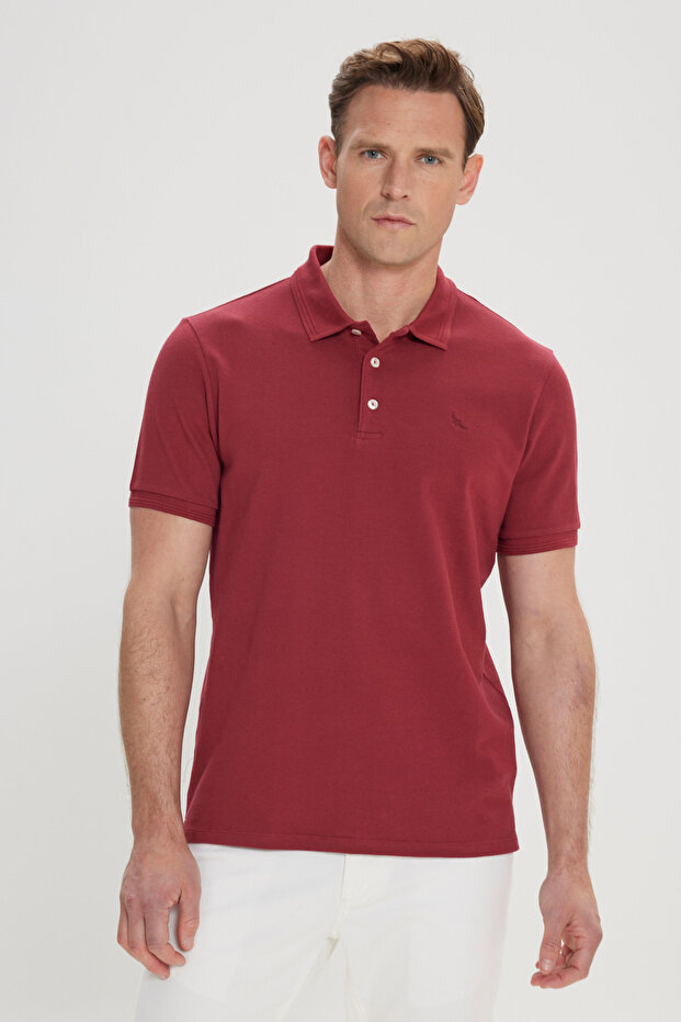 Men's Claret Red Slim Fit Slim Fit Polo Collar 100% Cotton Short Sleeve T-Shirt