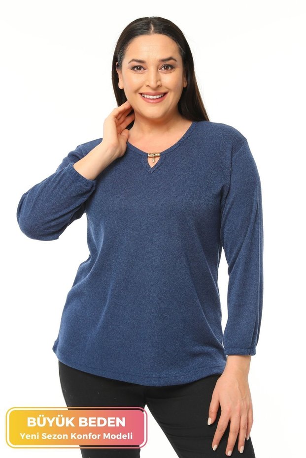Large Size Collar Detailed Knitwear Blouse Soft Textured Sleeves with Elastic Comfort Model Stylish Knitwear Sweater