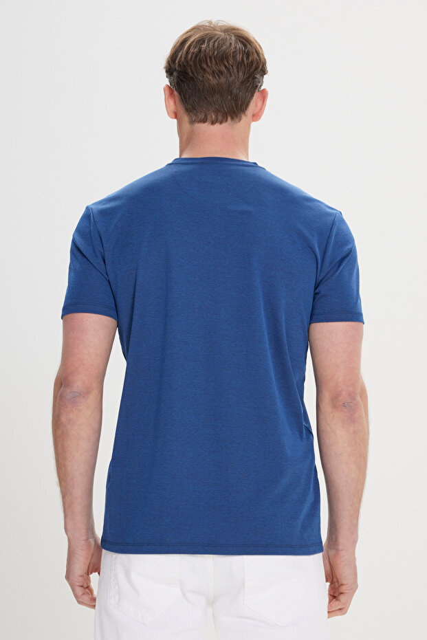 Erkek Lacivert Slim Fit Dar Kesim Bisiklet Yaka Pamuklu Tişört - 4