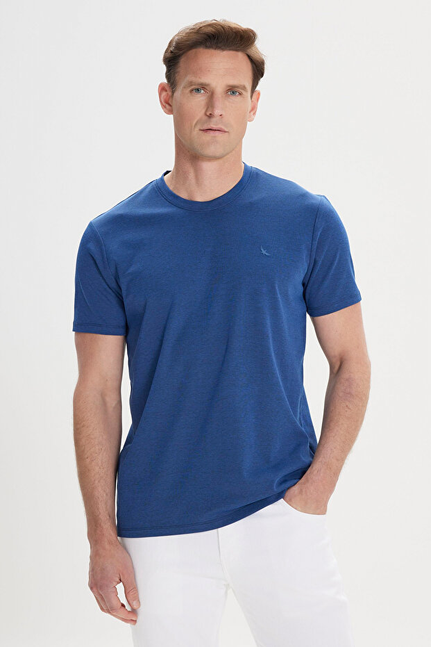 Erkek Lacivert Slim Fit Dar Kesim Bisiklet Yaka Pamuklu Tişört - 1