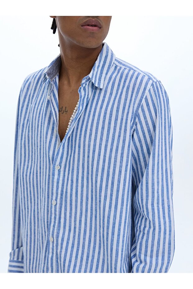 Çizgili Keten Görünümlü Mavi Gömlek - 4