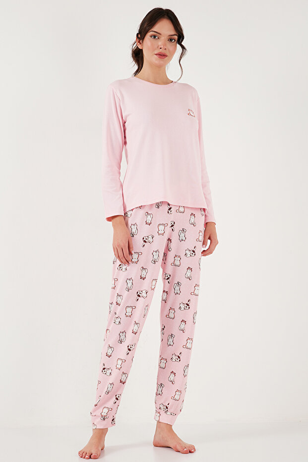 Streç Regular Fit Beli Lastikli Bisiklet Yaka Pijama Takımı  PİJAMA TAKIMI 65714101 - 4