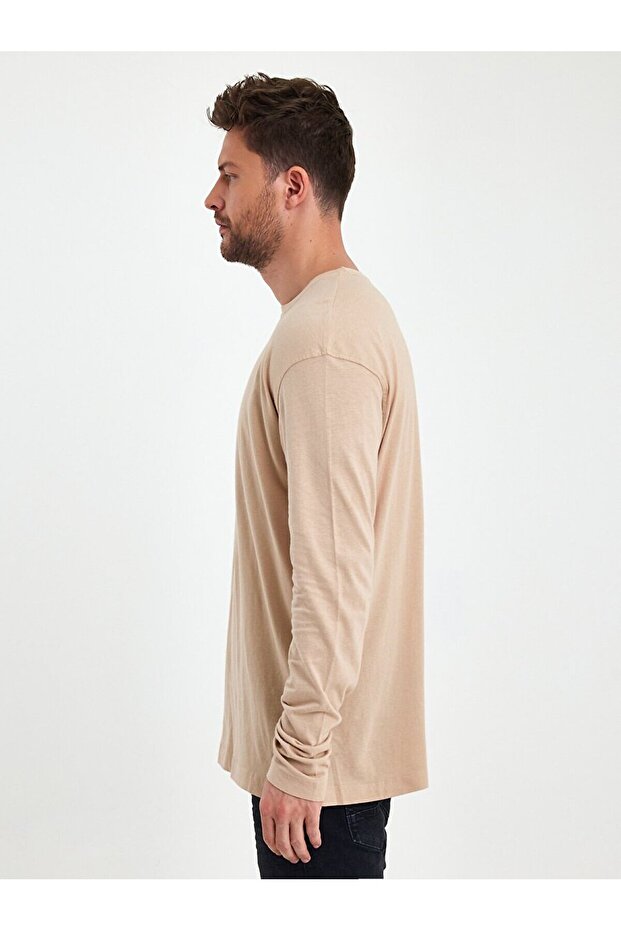 Crew Neck Basic Beige Sweatshirt - 4