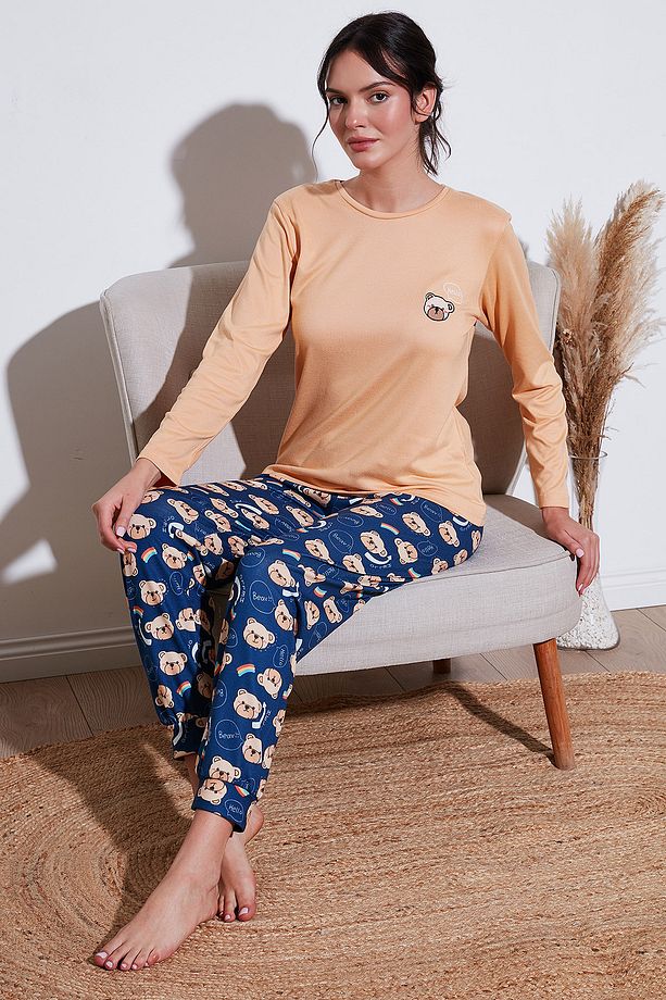 Streç Regular Fit Beli Lastikli Bisiklet Yaka Pijama Takımı  PİJAMA TAKIMI 65714101 - 1
