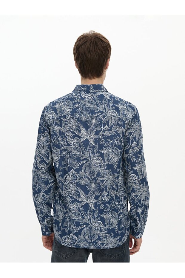 Çiçek Desenli Mavi Gömlek - 3