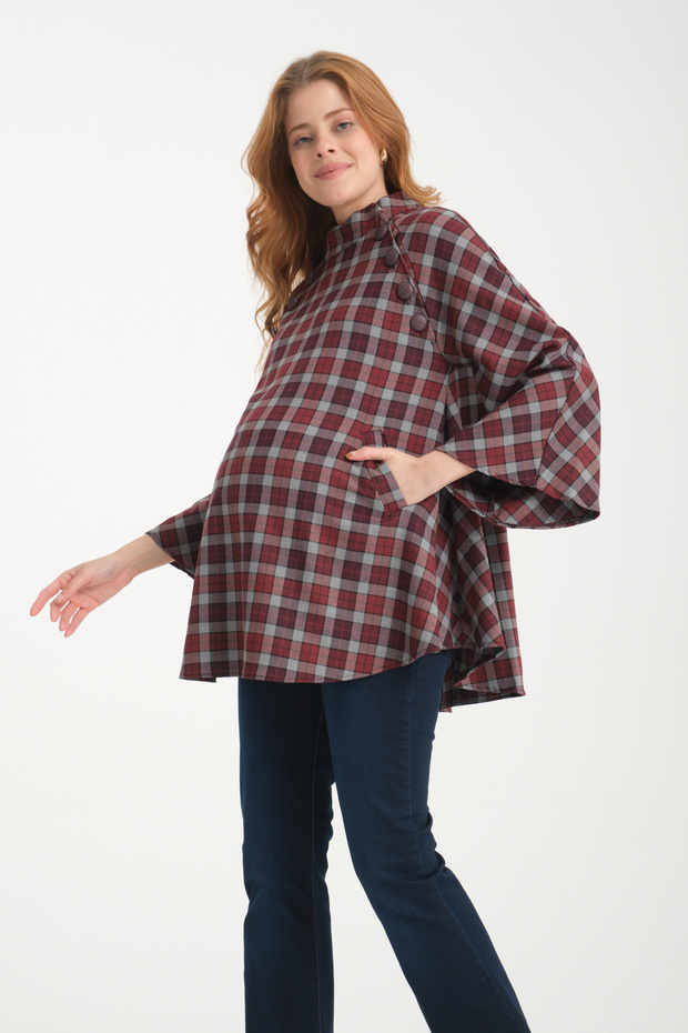 Maternity Checkered Pattern Wool Viscose Fabric Poncho Collar Button Detail (Breastfeeding)