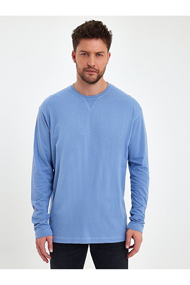 Bisiklet Yaka Basıc Mavi Sweatshırt - 2