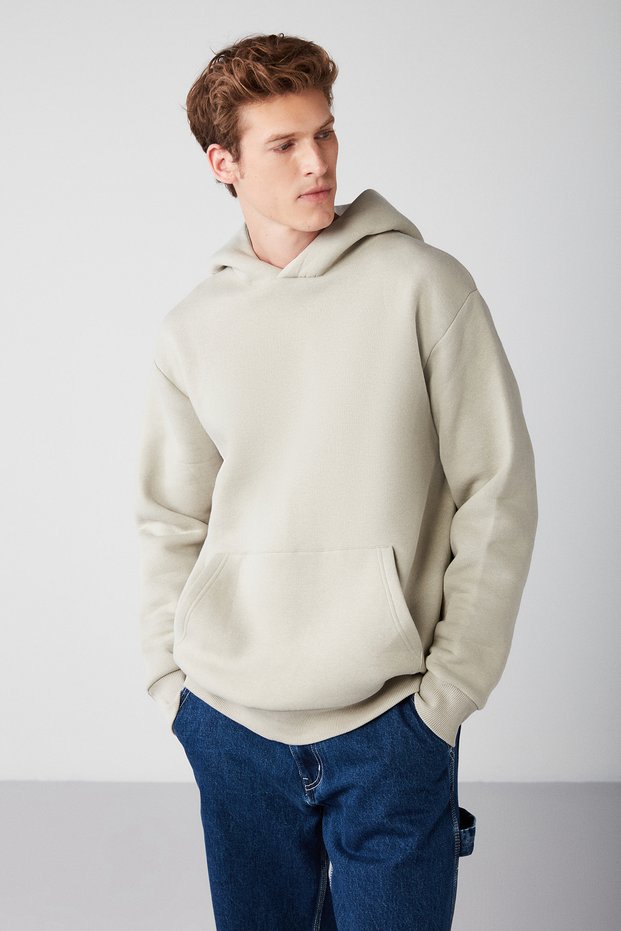 Mordred Men's Soft Fabric Knitted 3 Thread Oversize Hooded Kangaroo Pocket Stone Color Sweatshirt