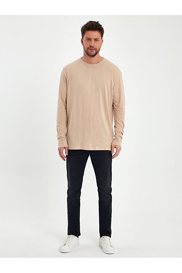 Crew Neck Basic Beige Sweatshirt - 1