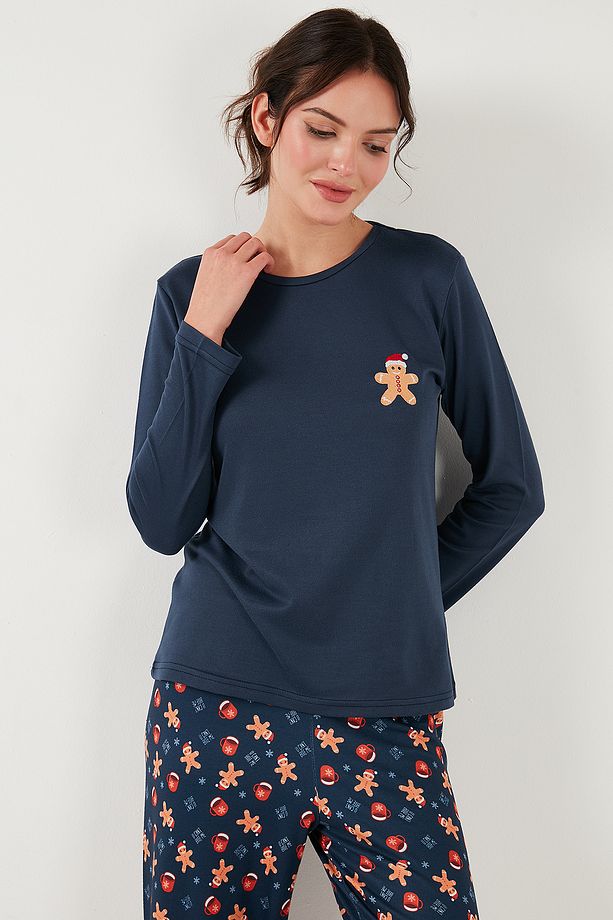 Streç Regular Fit Beli Lastikli Bisiklet Yaka Pijama Takımı  PİJAMA TAKIMI 65714101 - 4