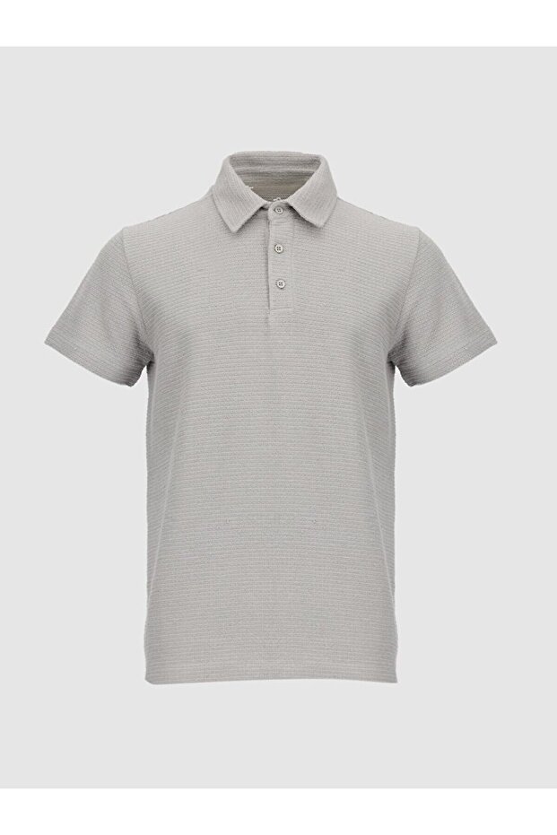 Polo Neck Textured Gray T-Shirt