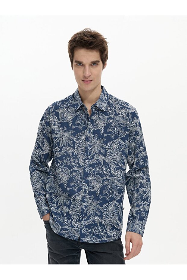 Çiçek Desenli Mavi Gömlek - 2