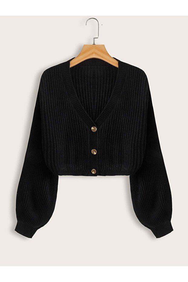 Women's Black Knitwear Buttoned Cardigan