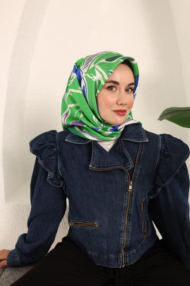 Saks Mavisi Geometrik Yaprak Desen Tivil İpek Eşarp 11407-47 - 1