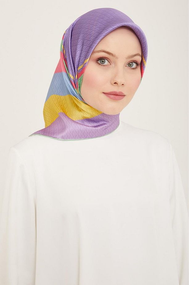 Lila-Sarı Geçişli Monogram Desen Sura İpek Eşarp 9111-82 - 1