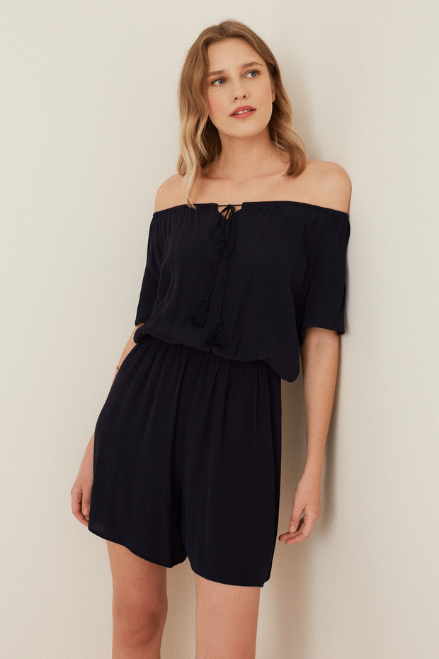 Omuz Dekolteli Şortlu Tulum - 1