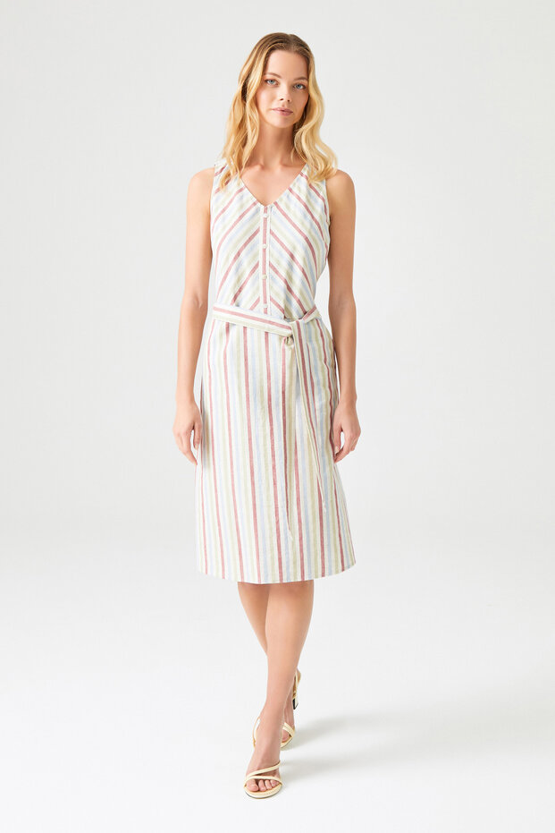 Çizgili Kolsuz Elbise - 1
