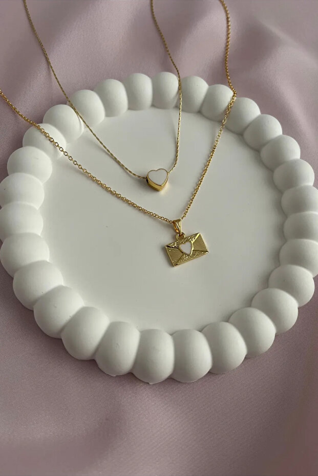 Set of 2 Gold Heart Letter Charm Necklaces