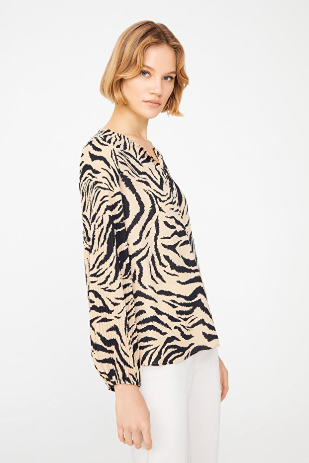 Zebra Pattern Blouse with Pleated Sleeves - 3